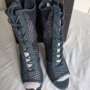 Lace-Up Peep Toe Women's Booties in Navy Blue